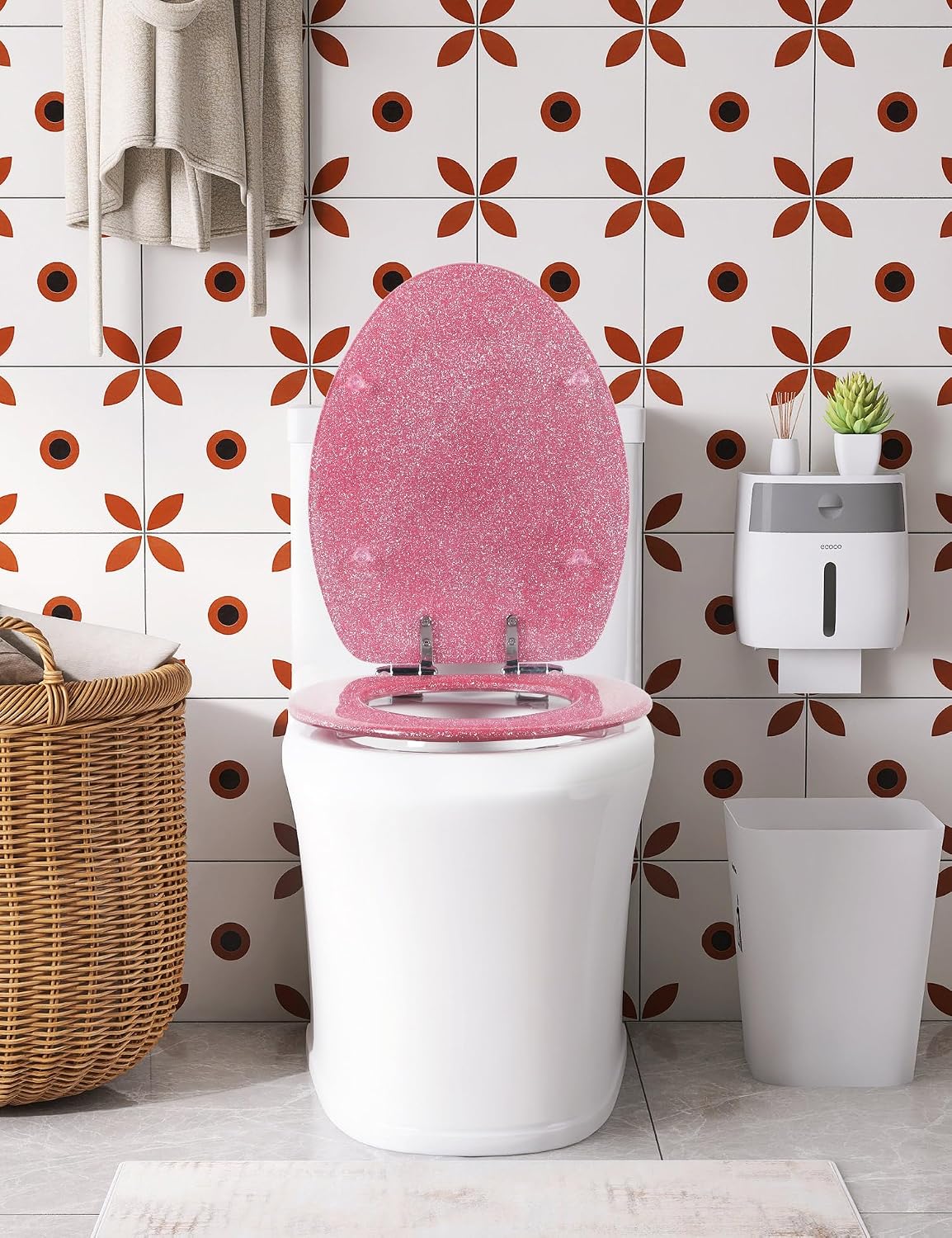 ELONGATED Pink Glitter Resin Slow Close Toilet Seat 18.5Inch