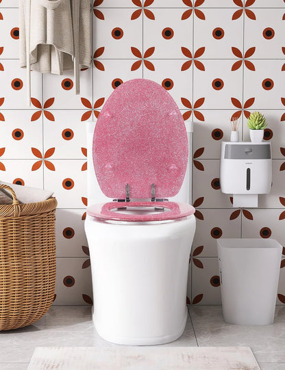 ELONGATED Pink Glitter Resin Slow Close Toilet Seat 18.5Inch