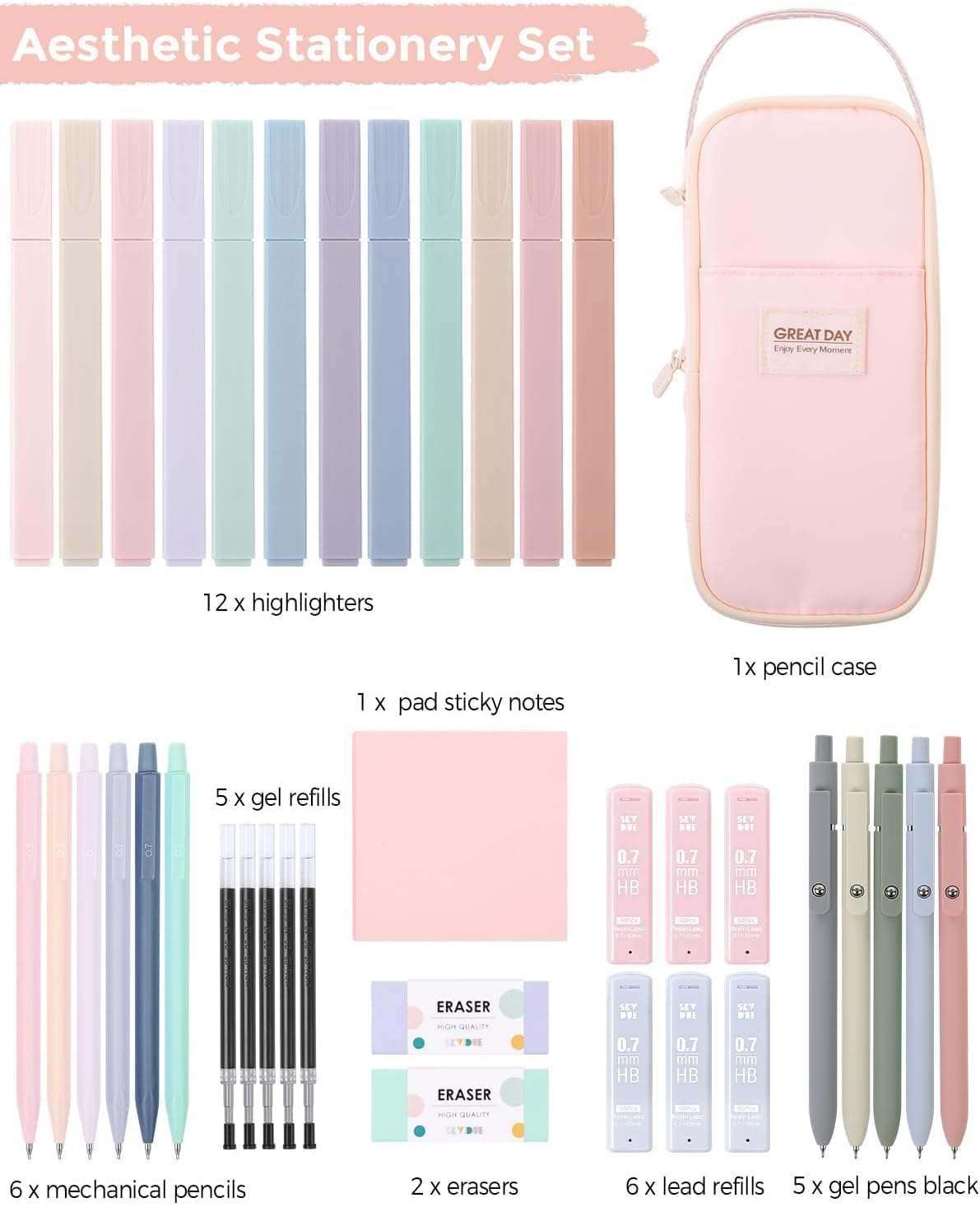 School Supplies Kit, 38 PCS Cute Stationery Set with Large Pencil Case, Pens, Mechanical Pencil Set, Highlighters & Refills, Aesthetic School Supplies for Girls, College, Back to School Pink