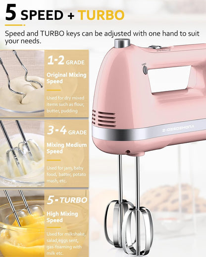 Electric Hand Mixer, Powerful Hand Mixer Electric Handheld with 304*(2*Beaters, 2*Dough Hooks),(1*Storage Bag) Hand Held Mixer with Turbo for Baking Cakes,Cream(Pink)