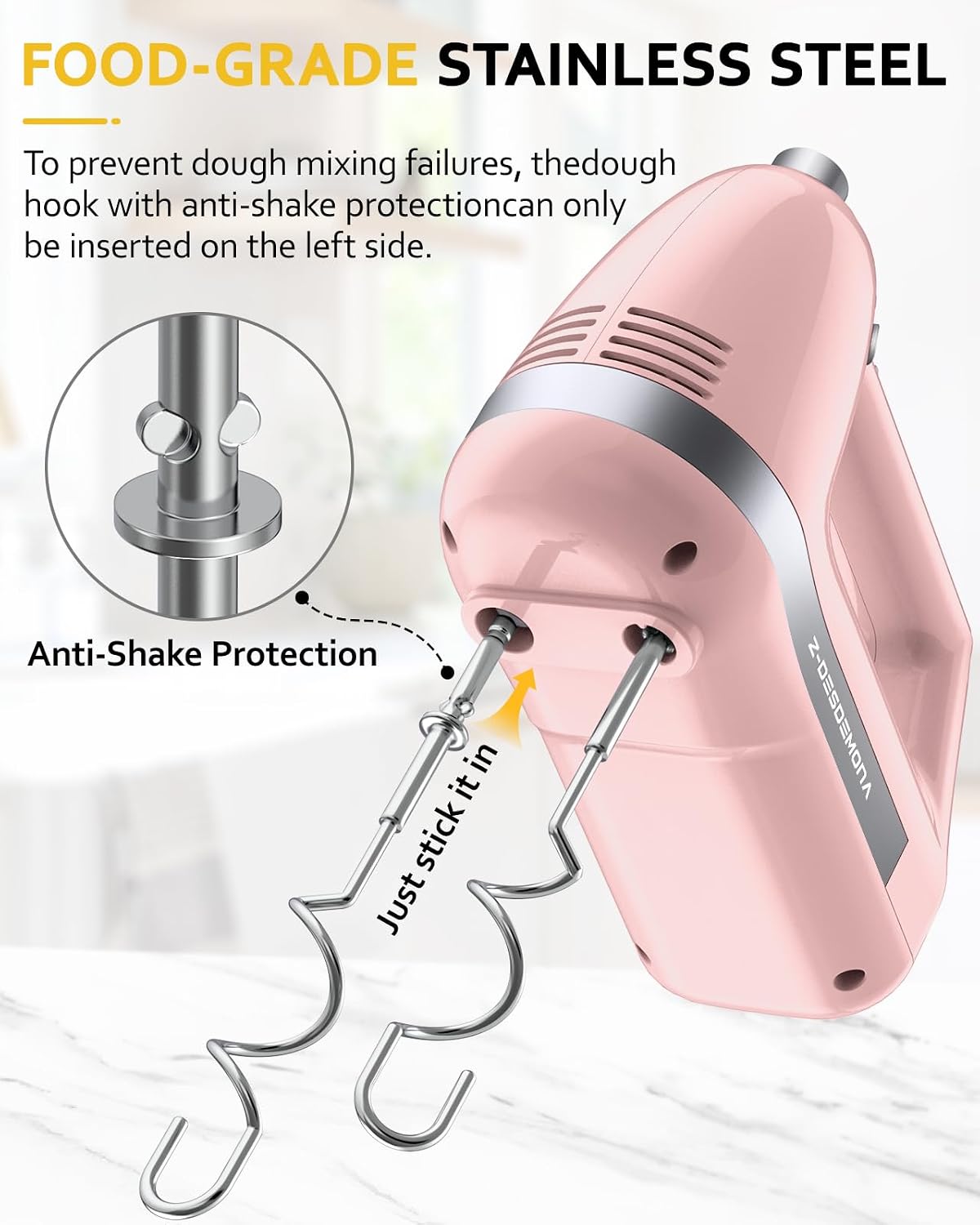 Electric Hand Mixer, Powerful Hand Mixer Electric Handheld with 304*(2*Beaters, 2*Dough Hooks),(1*Storage Bag) Hand Held Mixer with Turbo for Baking Cakes,Cream(Pink)