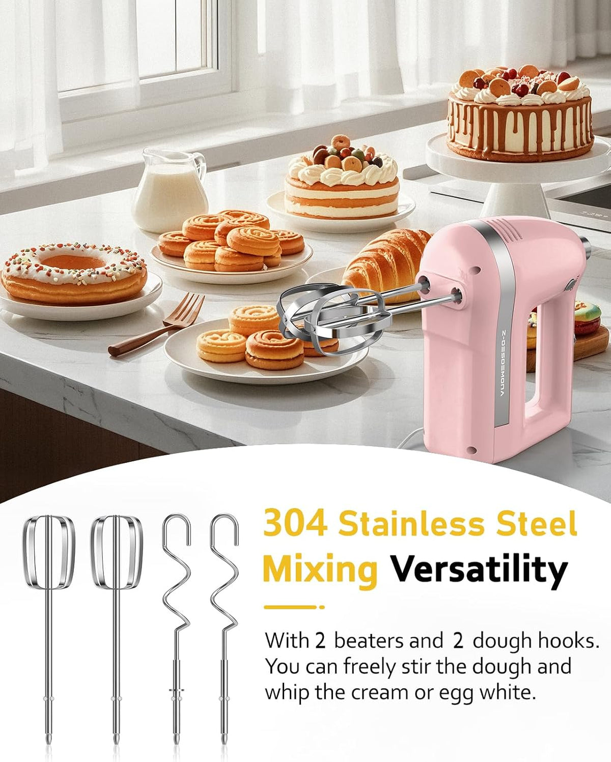 Electric Hand Mixer, Powerful Hand Mixer Electric Handheld with 304*(2*Beaters, 2*Dough Hooks),(1*Storage Bag) Hand Held Mixer with Turbo for Baking Cakes,Cream(Pink)