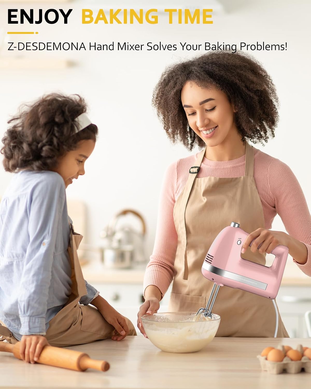 Electric Hand Mixer, Powerful Hand Mixer Electric Handheld with 304*(2*Beaters, 2*Dough Hooks),(1*Storage Bag) Hand Held Mixer with Turbo for Baking Cakes,Cream(Pink)