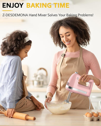 Electric Hand Mixer, Powerful Hand Mixer Electric Handheld with 304*(2*Beaters, 2*Dough Hooks),(1*Storage Bag) Hand Held Mixer with Turbo for Baking Cakes,Cream(Pink)