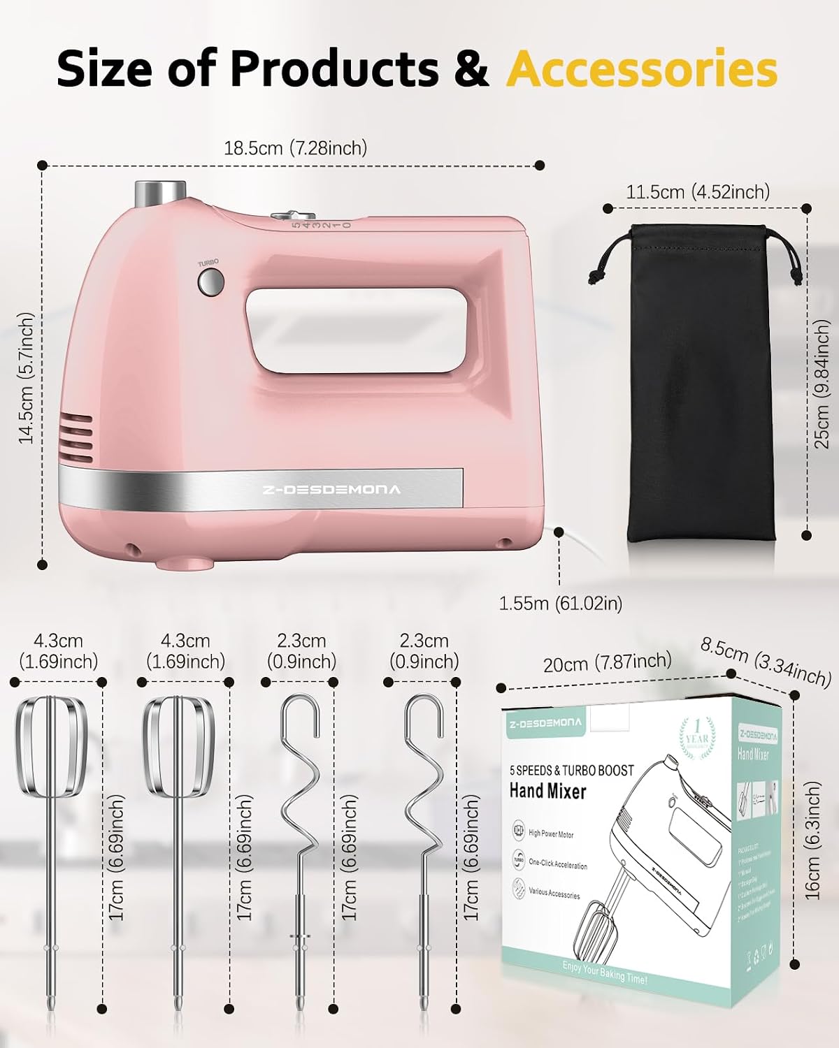 Electric Hand Mixer, Powerful Hand Mixer Electric Handheld with 304*(2*Beaters, 2*Dough Hooks),(1*Storage Bag) Hand Held Mixer with Turbo for Baking Cakes,Cream(Pink)