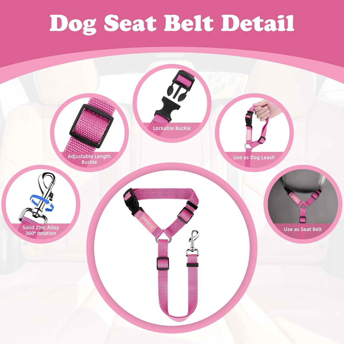 BWOGUE Dog Seat Belt for Car, Headrest Restraint Lead, Non-Elastic, Pink
