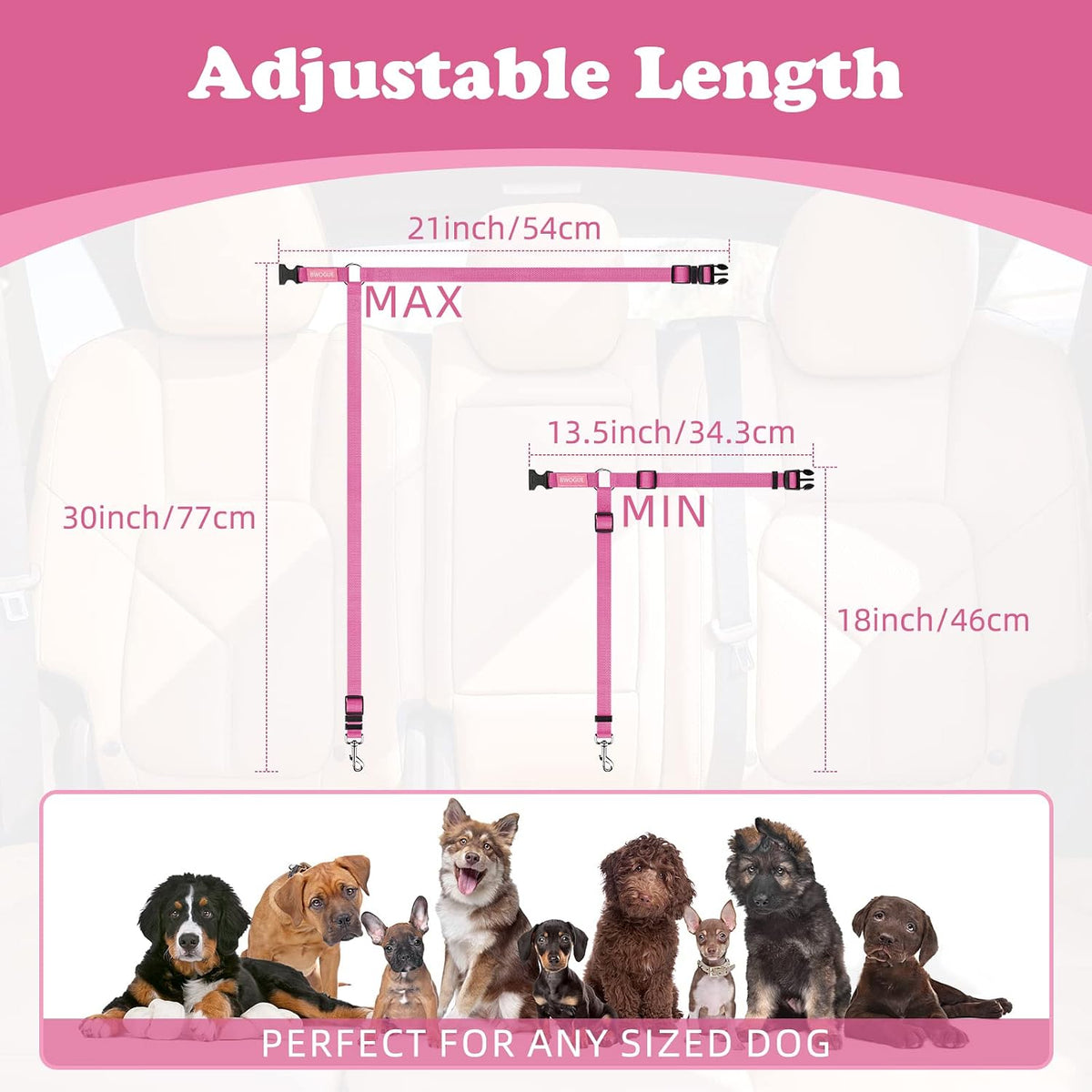 BWOGUE Dog Seat Belt for Car, Headrest Restraint Lead, Non-Elastic, Pink