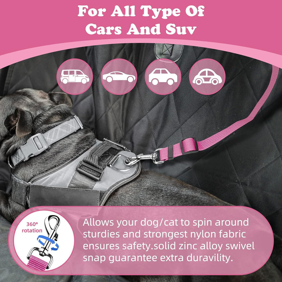 BWOGUE Dog Seat Belt for Car, Headrest Restraint Lead, Non-Elastic, Pink