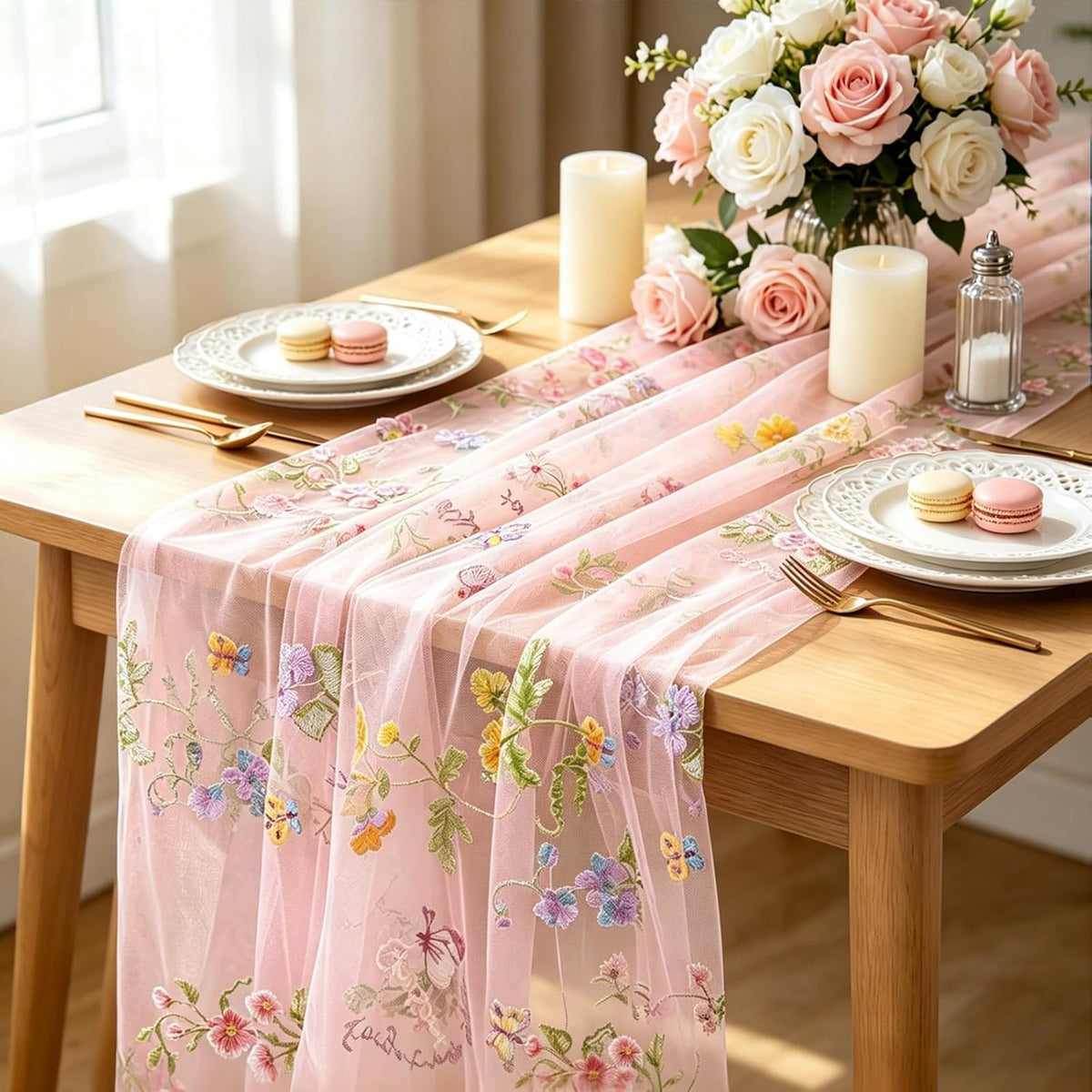 Pink Floral Table Runner 10ft Embroidery Tulle Spring Wildflower Table Runner Seasonal Summer Butterfly Kitchen Dining Gauze Decoration for Baby Shower Wedding Party Birthday (1 Pcs)