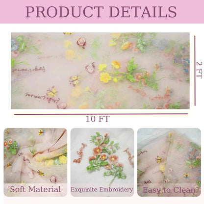 Pink Floral Table Runner 10ft Embroidery Tulle Spring Wildflower Table Runner Seasonal Summer Butterfly Kitchen Dining Gauze Decoration for Baby Shower Wedding Party Birthday (1 Pcs)