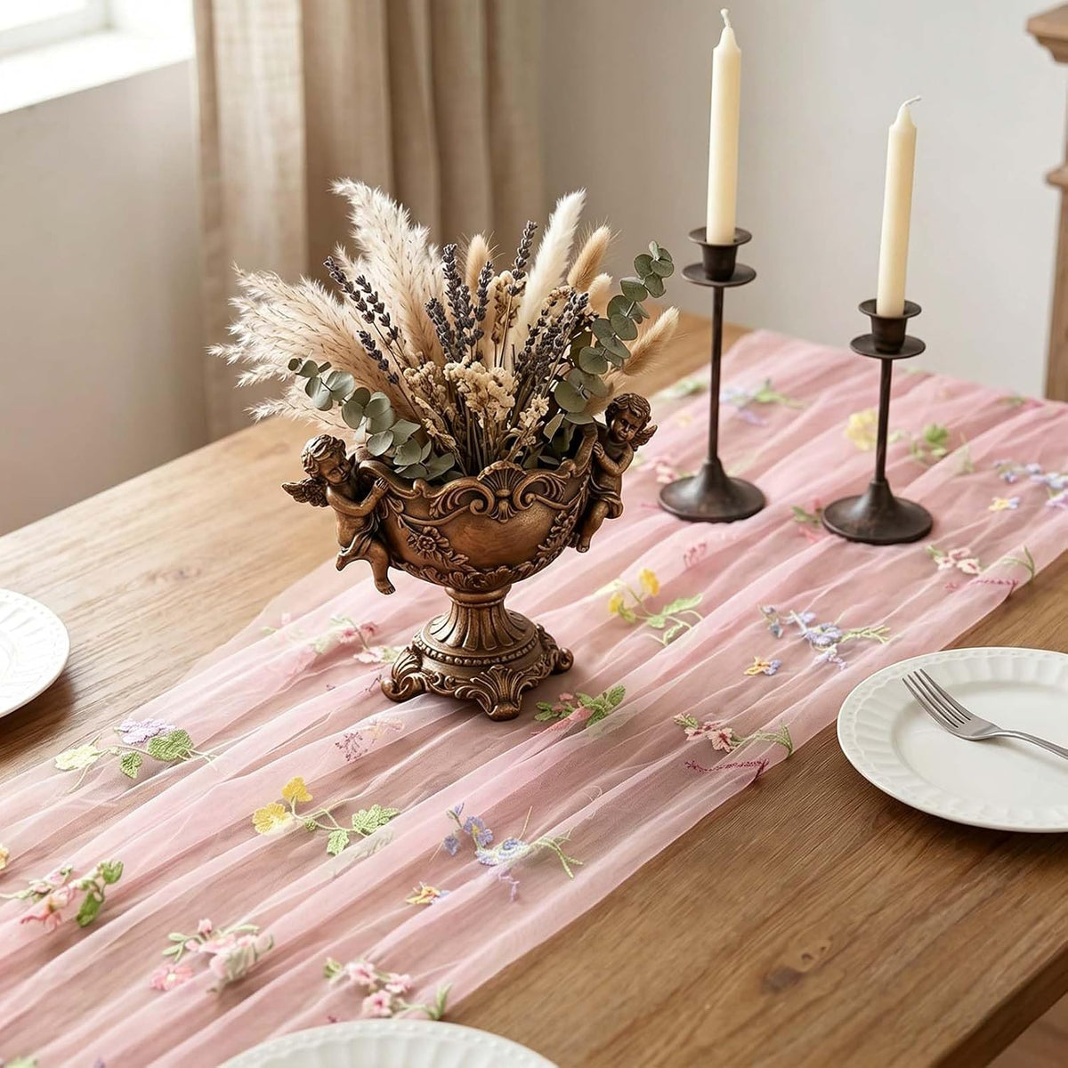 Pink Floral Table Runner 10ft Embroidery Tulle Spring Wildflower Table Runner Seasonal Summer Butterfly Kitchen Dining Gauze Decoration for Baby Shower Wedding Party Birthday (1 Pcs)