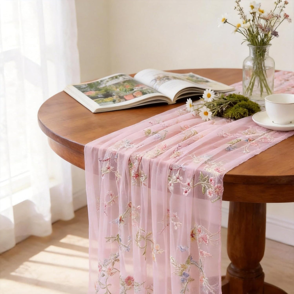 Pink Floral Table Runner 10ft Embroidery Tulle Spring Wildflower Table Runner Seasonal Summer Butterfly Kitchen Dining Gauze Decoration for Baby Shower Wedding Party Birthday (1 Pcs)