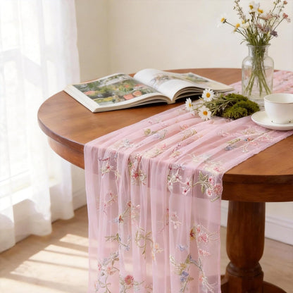 Pink Floral Table Runner 10ft Embroidery Tulle Spring Wildflower Table Runner Seasonal Summer Butterfly Kitchen Dining Gauze Decoration for Baby Shower Wedding Party Birthday (1 Pcs)