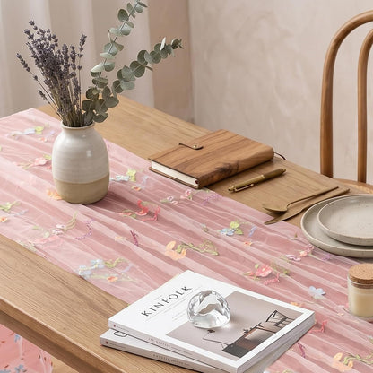 Pink Floral Table Runner 10ft Embroidery Tulle Spring Wildflower Table Runner Seasonal Summer Butterfly Kitchen Dining Gauze Decoration for Baby Shower Wedding Party Birthday (1 Pcs)