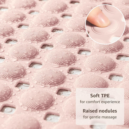 Bath Tub Shower Mat Non Slip, Bathtub Floor Liner Mats for Inside Shower Bathroom, Suction Cups and Drain Holes for Feet Scrubbing, Machine Washable, Soft on Feet, 35x16 Inch, Light Pink