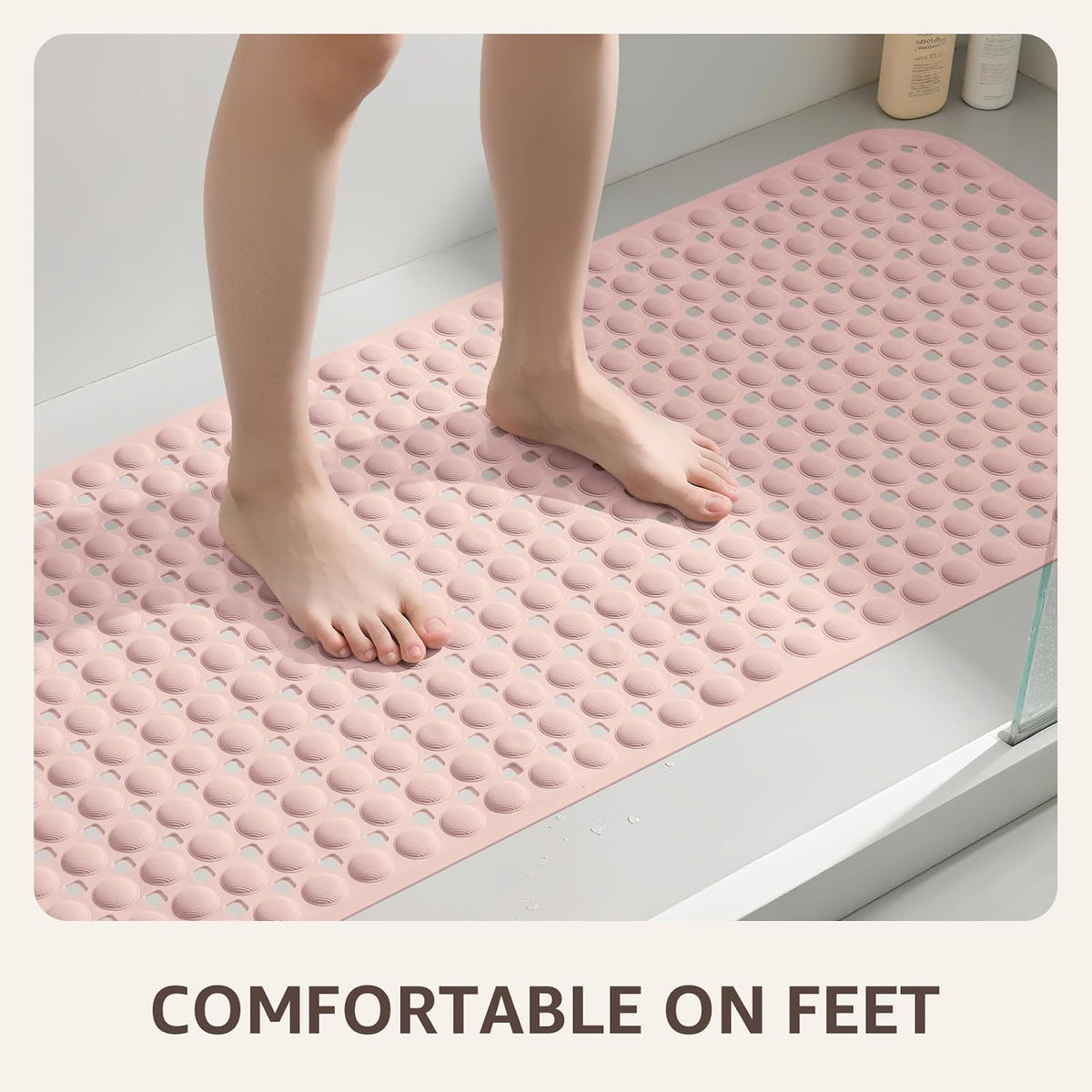 Bath Tub Shower Mat Non Slip, Bathtub Floor Liner Mats for Inside Shower Bathroom, Suction Cups and Drain Holes for Feet Scrubbing, Machine Washable, Soft on Feet, 35x16 Inch, Light Pink