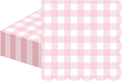 50 PCS Gingham Napkins Disposable; 3-ply Pink and White Checkered Napkins; Plaid Scalloped Cocktail Napkin for Baby Shower, Wedding, Birthday, Picnic, Valentines; Pink Gingham Paper Napkin