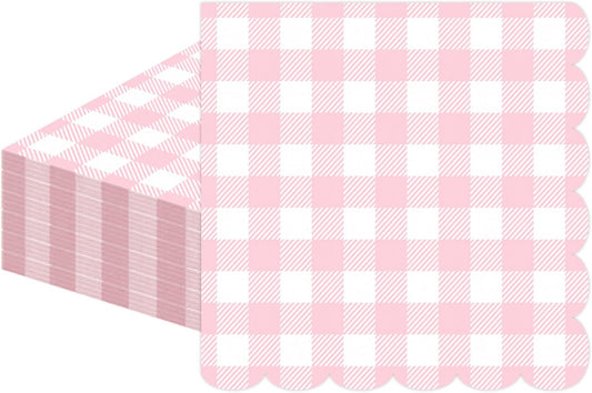 50 PCS Gingham Napkins Disposable; 3-ply Pink and White Checkered Napkins; Plaid Scalloped Cocktail Napkin for Baby Shower, Wedding, Birthday, Picnic, Valentines; Pink Gingham Paper Napkin