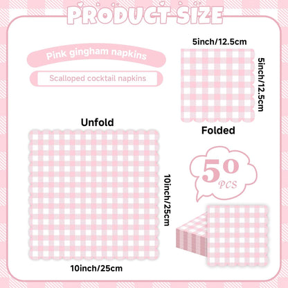 50 PCS Gingham Napkins Disposable; 3-ply Pink and White Checkered Napkins; Plaid Scalloped Cocktail Napkin for Baby Shower, Wedding, Birthday, Picnic, Valentines; Pink Gingham Paper Napkin