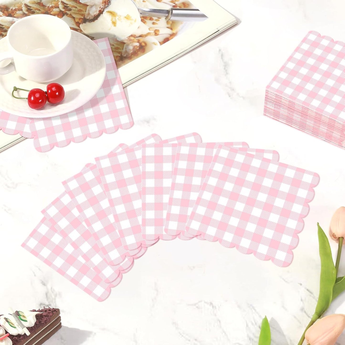 50 PCS Gingham Napkins Disposable; 3-ply Pink and White Checkered Napkins; Plaid Scalloped Cocktail Napkin for Baby Shower, Wedding, Birthday, Picnic, Valentines; Pink Gingham Paper Napkin