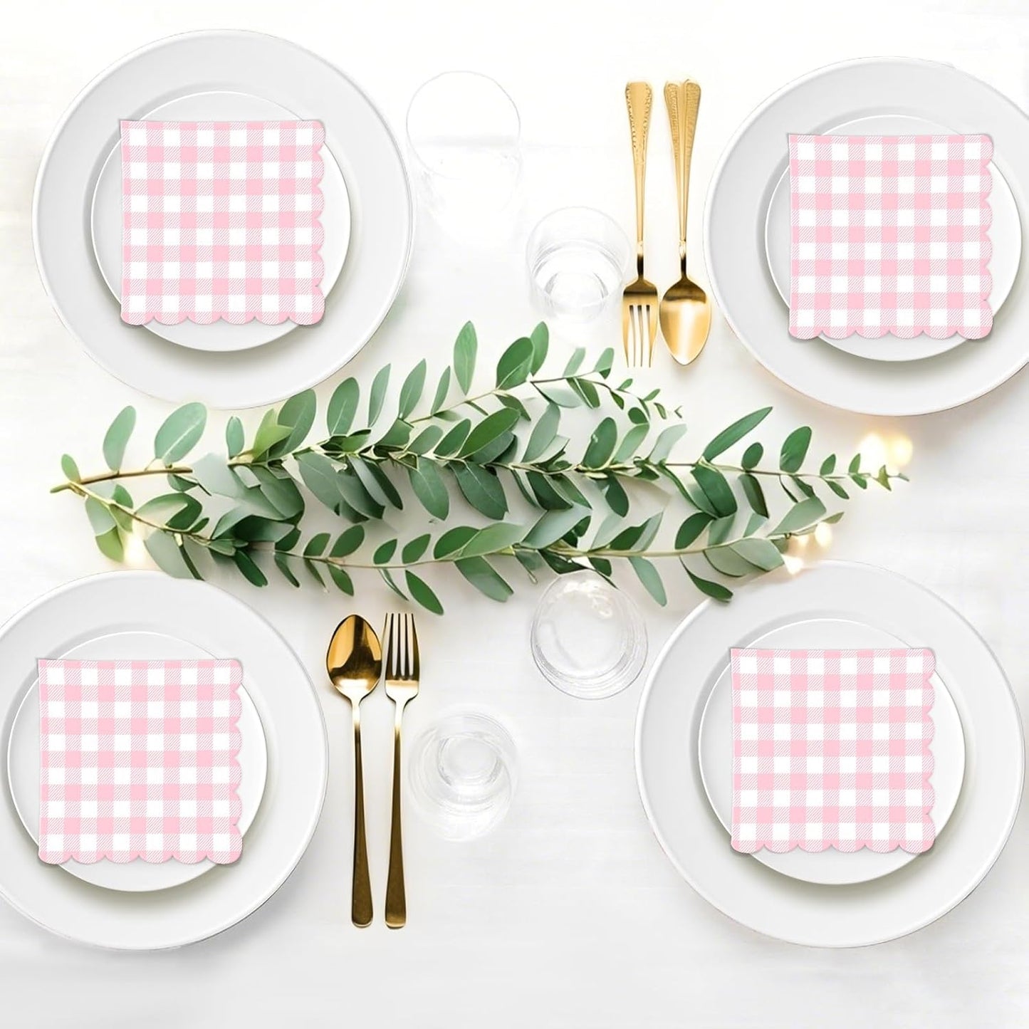 50 PCS Gingham Napkins Disposable; 3-ply Pink and White Checkered Napkins; Plaid Scalloped Cocktail Napkin for Baby Shower, Wedding, Birthday, Picnic, Valentines; Pink Gingham Paper Napkin