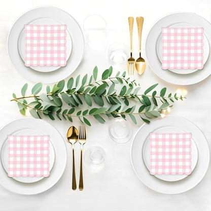 50 PCS Gingham Napkins Disposable; 3-ply Pink and White Checkered Napkins; Plaid Scalloped Cocktail Napkin for Baby Shower, Wedding, Birthday, Picnic, Valentines; Pink Gingham Paper Napkin