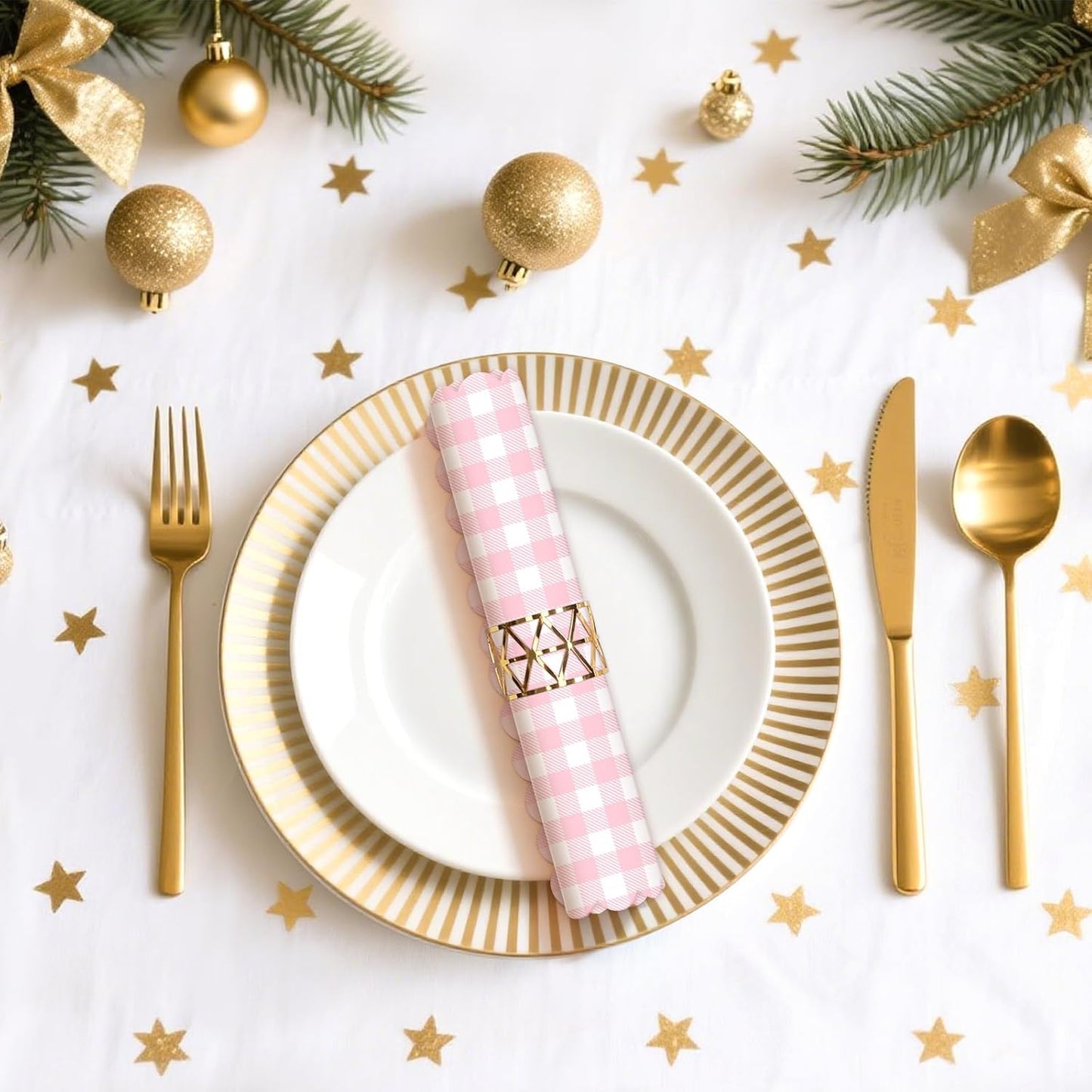 50 PCS Gingham Napkins Disposable; 3-ply Pink and White Checkered Napkins; Plaid Scalloped Cocktail Napkin for Baby Shower, Wedding, Birthday, Picnic, Valentines; Pink Gingham Paper Napkin