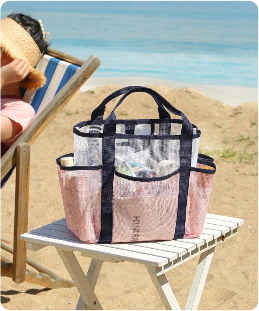 NAJIAKA Mesh Shower Caddy Bag Portable, Pink Shower Caddy for College Dorm, Beach, Camp, Gym, Travel Toiletry, Swim, Organizer with 8 Pockets