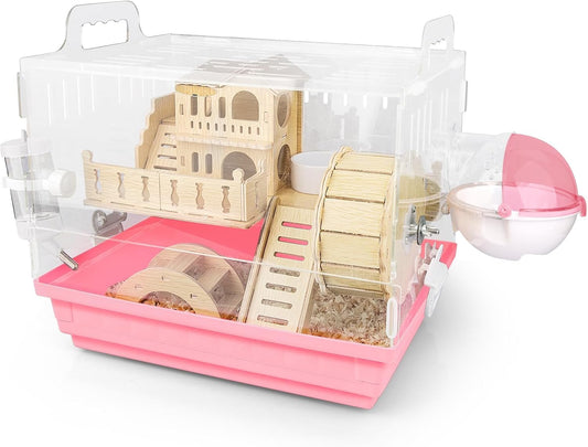 8 in 1 Acrylic Hamster Cage,2-Tier Dwarf Hamster Cage with Wooden Wheel & Hideout,Small Hamster Habitat with Accessories,Clear Pet Mice House(Pink,14" L*10" W*11" H)