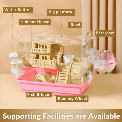 8 in 1 Acrylic Hamster Cage,2-Tier Dwarf Hamster Cage with Wooden Wheel & Hideout,Small Hamster Habitat with Accessories,Clear Pet Mice House(Pink,14" L*10" W*11" H)
