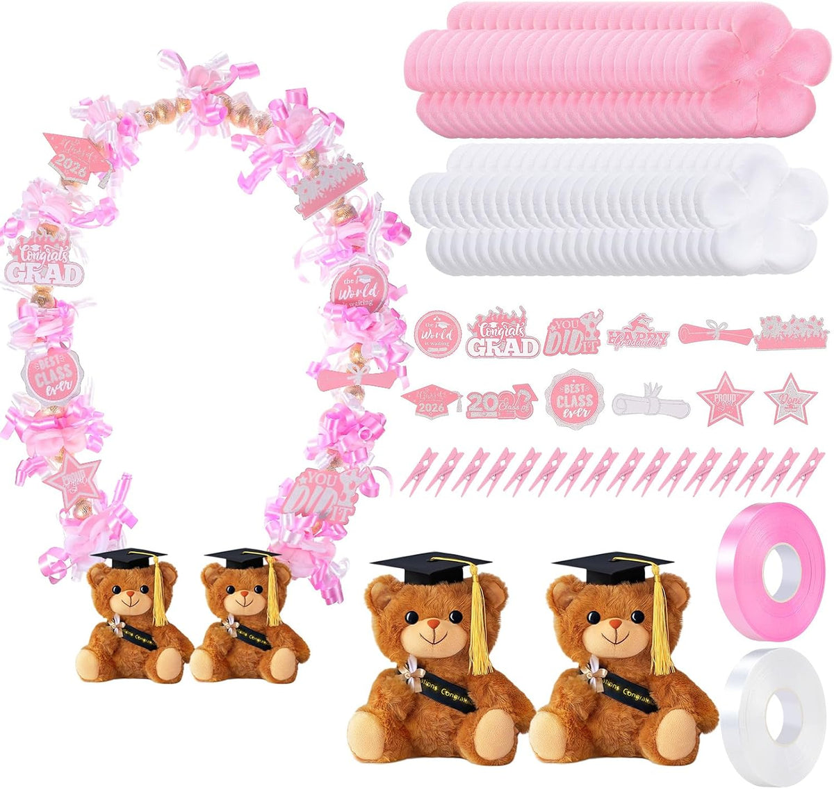 82 Pcs 2026 Graduation Candy Leis Making Kit DIY Netting Tubing Stuffed Plush Bear Ribbon Grad Glitter Card Candy Lei for Graduation Congrats Party Supplies(Light Pink, White)