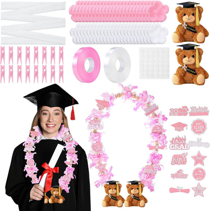82 Pcs 2026 Graduation Candy Leis Making Kit DIY Netting Tubing Stuffed Plush Bear Ribbon Grad Glitter Card Candy Lei for Graduation Congrats Party Supplies(Light Pink, White)