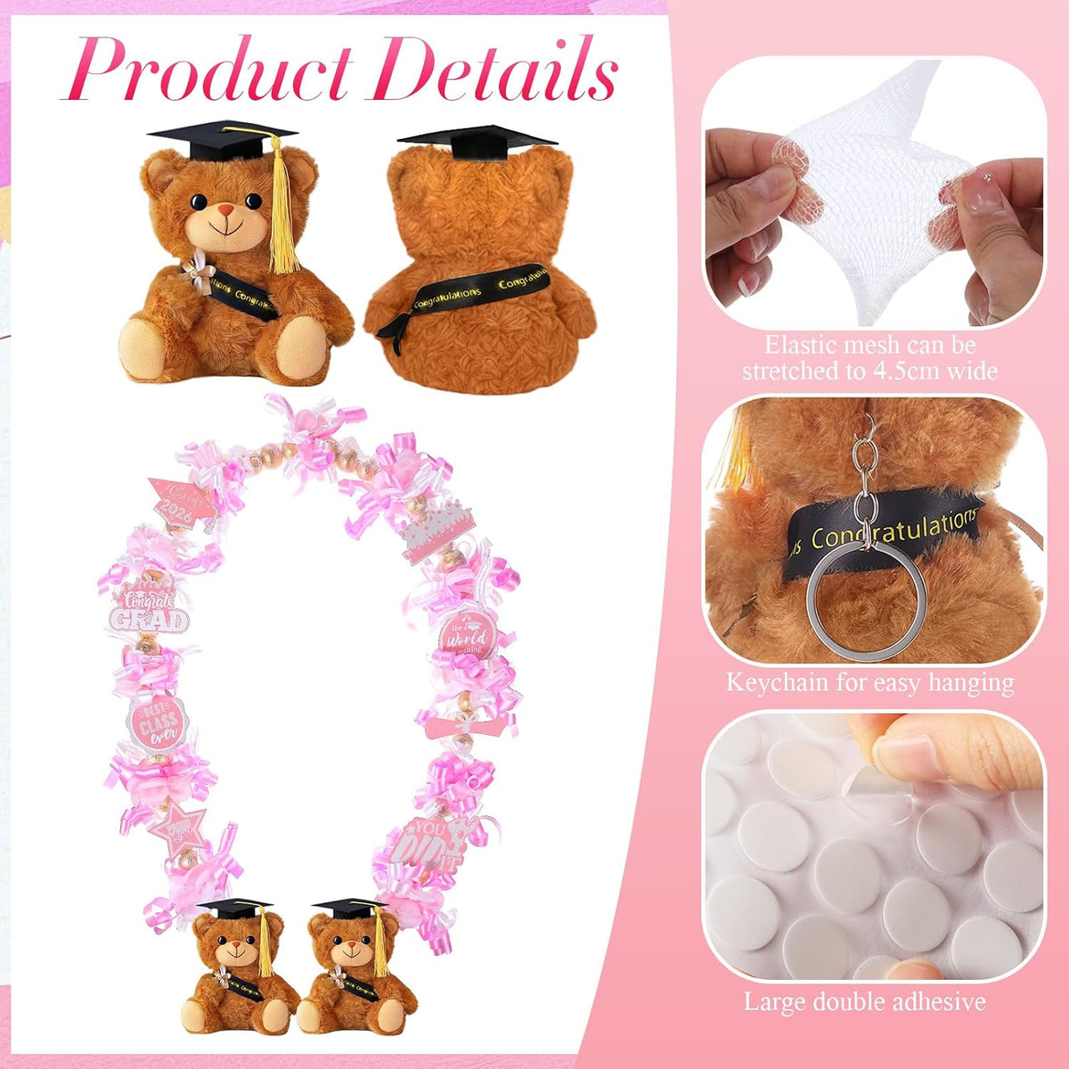 82 Pcs 2026 Graduation Candy Leis Making Kit DIY Netting Tubing Stuffed Plush Bear Ribbon Grad Glitter Card Candy Lei for Graduation Congrats Party Supplies(Light Pink, White)