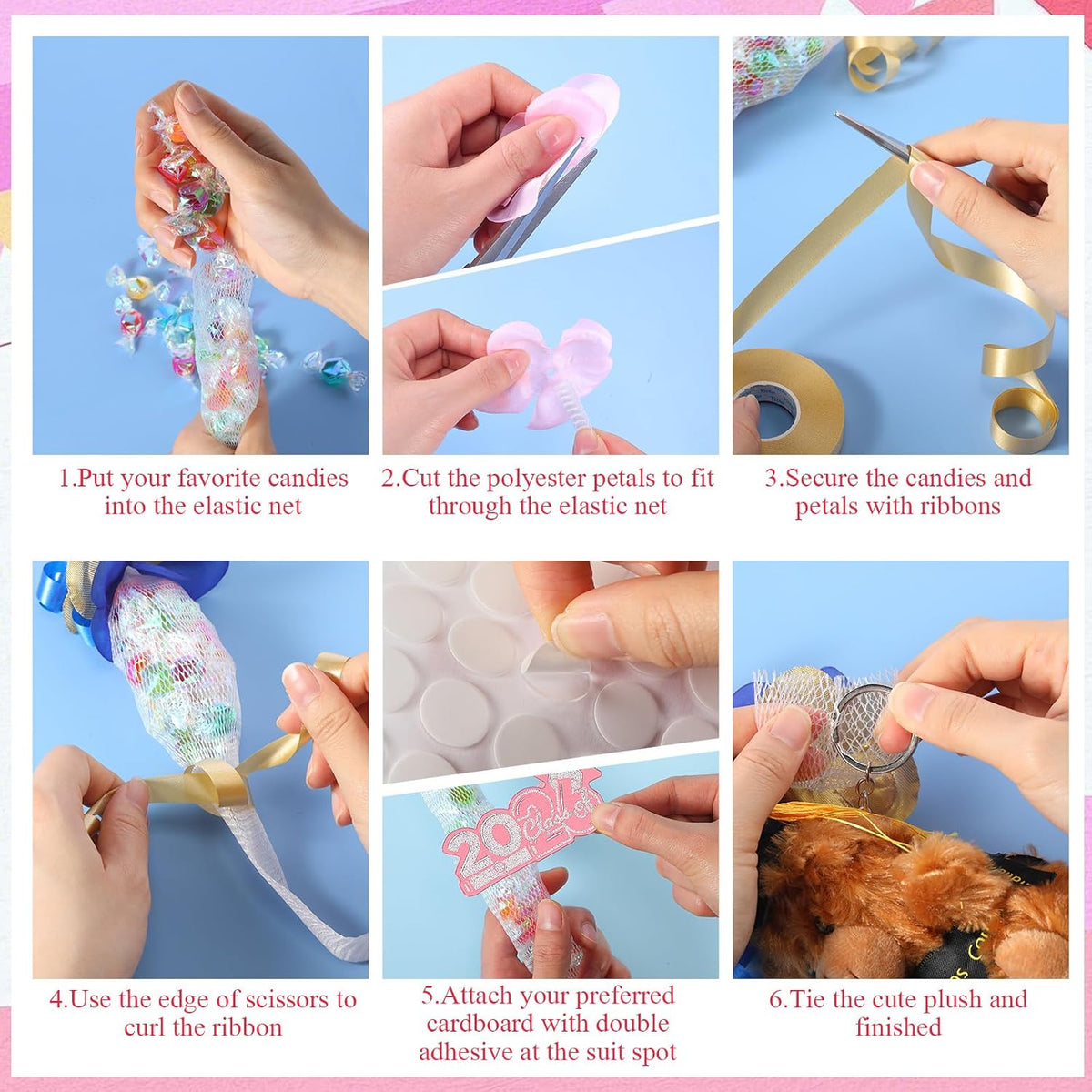 82 Pcs 2026 Graduation Candy Leis Making Kit DIY Netting Tubing Stuffed Plush Bear Ribbon Grad Glitter Card Candy Lei for Graduation Congrats Party Supplies(Light Pink, White)