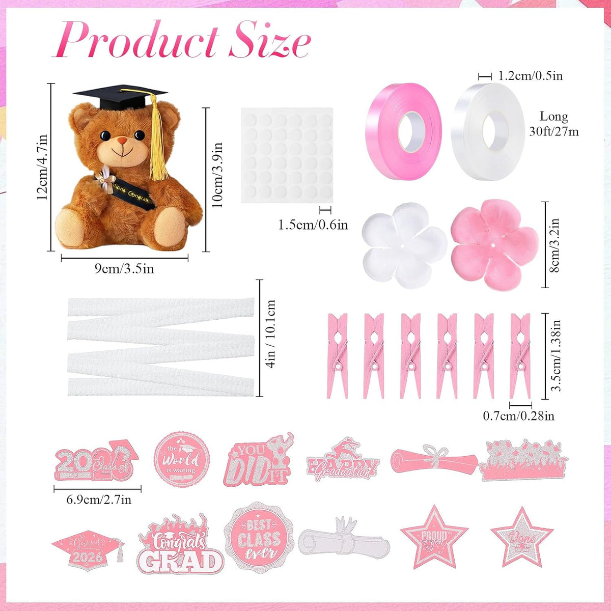 82 Pcs 2026 Graduation Candy Leis Making Kit DIY Netting Tubing Stuffed Plush Bear Ribbon Grad Glitter Card Candy Lei for Graduation Congrats Party Supplies(Light Pink, White)