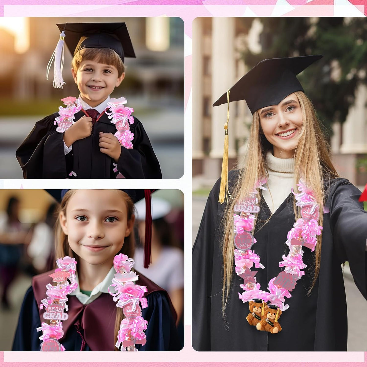 82 Pcs 2026 Graduation Candy Leis Making Kit DIY Netting Tubing Stuffed Plush Bear Ribbon Grad Glitter Card Candy Lei for Graduation Congrats Party Supplies(Light Pink, White)