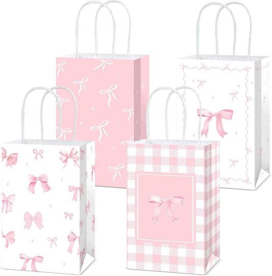 12Pcs Pink Bow Party Favor Bags Bows Themed Goodie Bag Candy Bags for Birthday Bachelorette Parties Decoration Bow Gift Treat Bag with Handles for Bridal Engagement Baby Shower Party Supplies