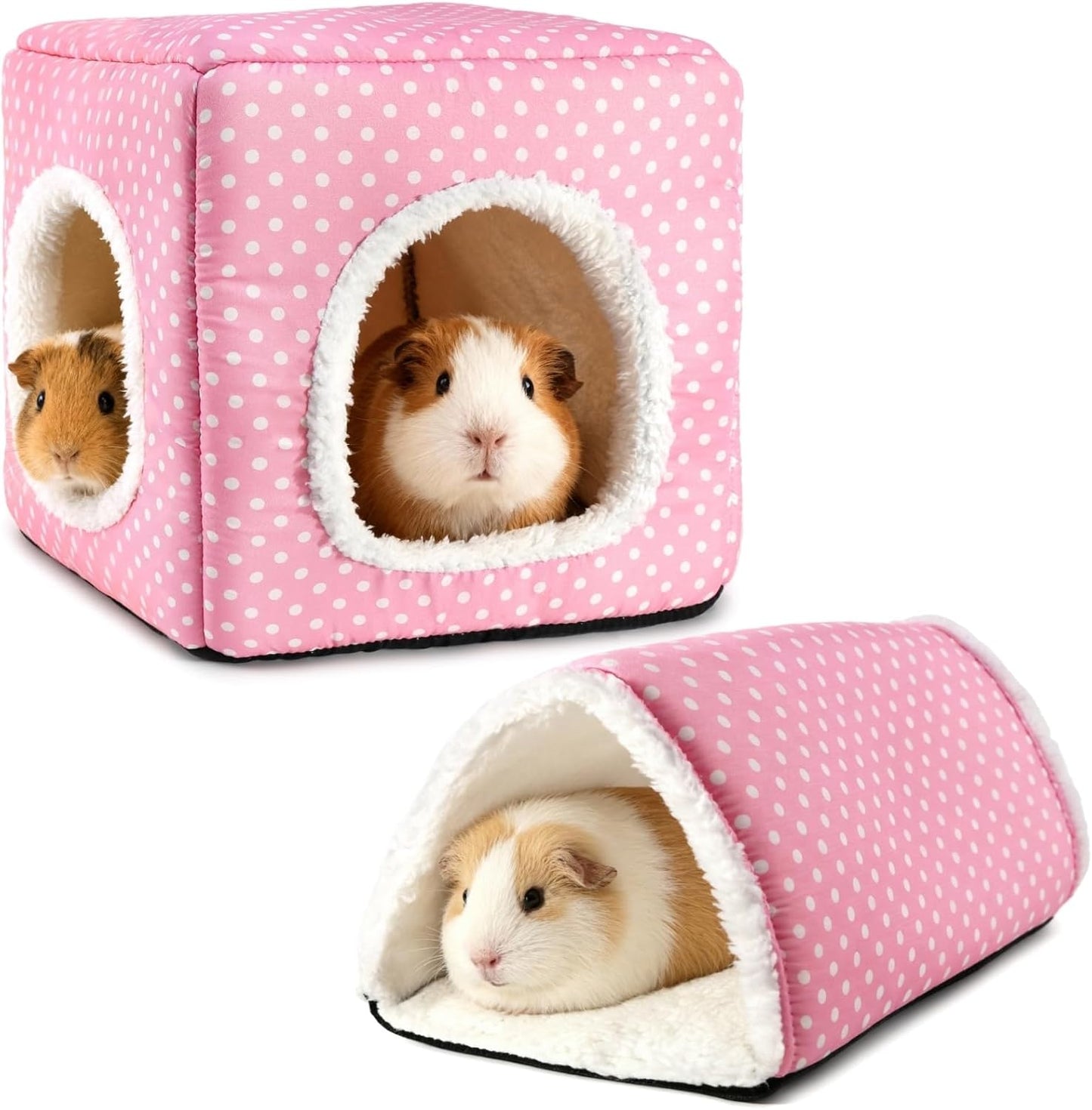 Guinea Pig Hideout, Dwarf Rabbit Bed with Play Tunnel, Washable Fleece House for Dwarf Bunnies, Chinchillas, Hedgehogs, Small Animal Cage Accessories Pink Dot