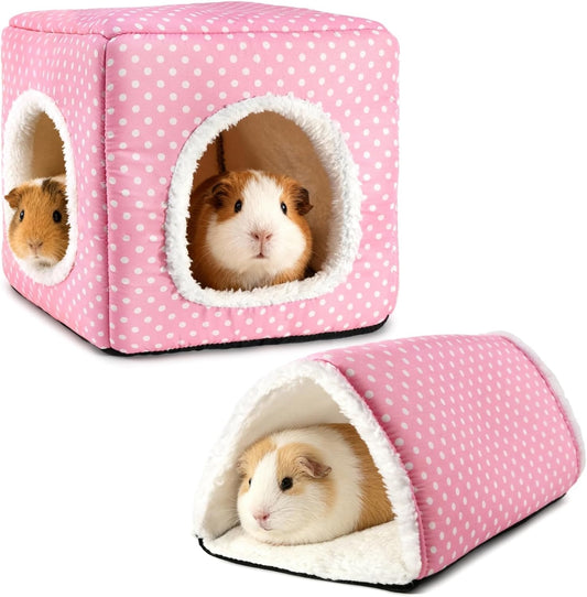 Guinea Pig Hideout, Dwarf Rabbit Bed with Play Tunnel, Washable Fleece House for Dwarf Bunnies, Chinchillas, Hedgehogs, Small Animal Cage Accessories Pink Dot