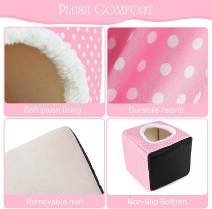 Guinea Pig Hideout, Dwarf Rabbit Bed with Play Tunnel, Washable Fleece House for Dwarf Bunnies, Chinchillas, Hedgehogs, Small Animal Cage Accessories Pink Dot