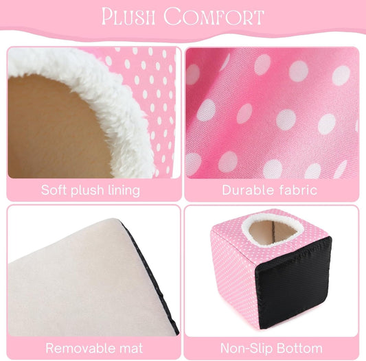 Guinea Pig Hideout, Dwarf Rabbit Bed with Play Tunnel, Washable Fleece House for Dwarf Bunnies, Chinchillas, Hedgehogs, Small Animal Cage Accessories Pink Dot