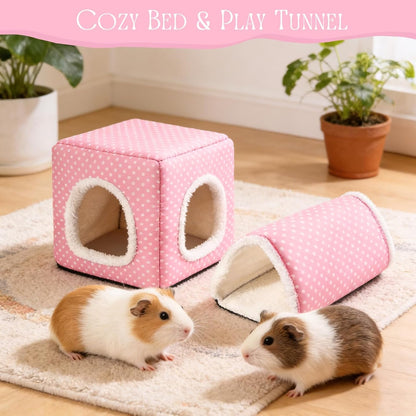 Guinea Pig Hideout, Dwarf Rabbit Bed with Play Tunnel, Washable Fleece House for Dwarf Bunnies, Chinchillas, Hedgehogs, Small Animal Cage Accessories Pink Dot