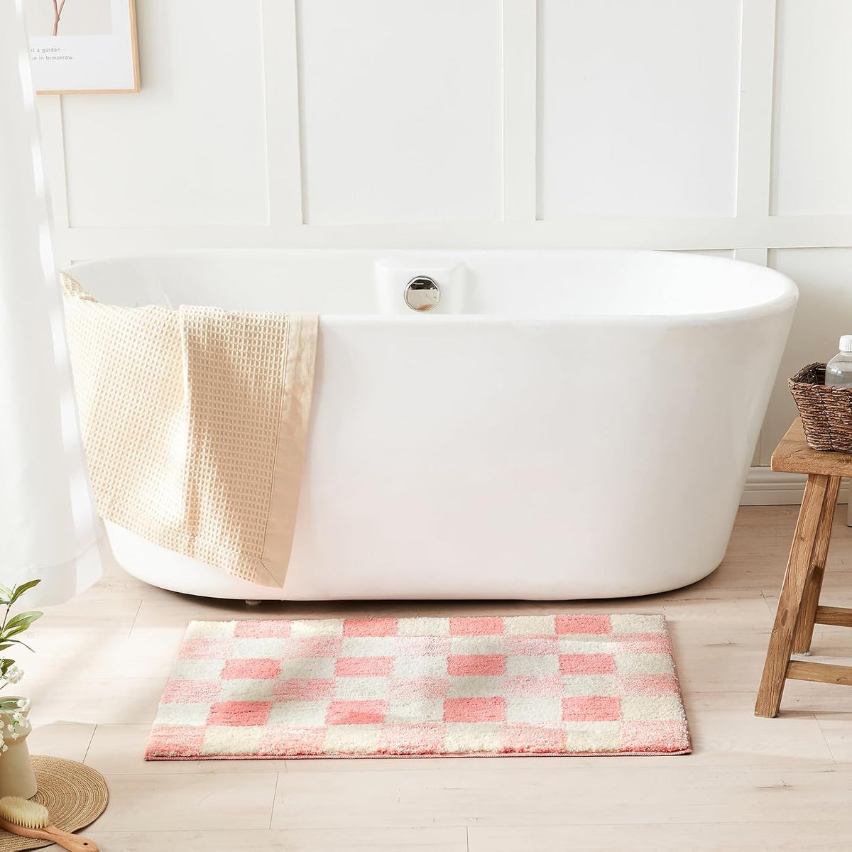 Blossom Pink Checkered Bath Mat 24"x16" Non Slip Washable Rug