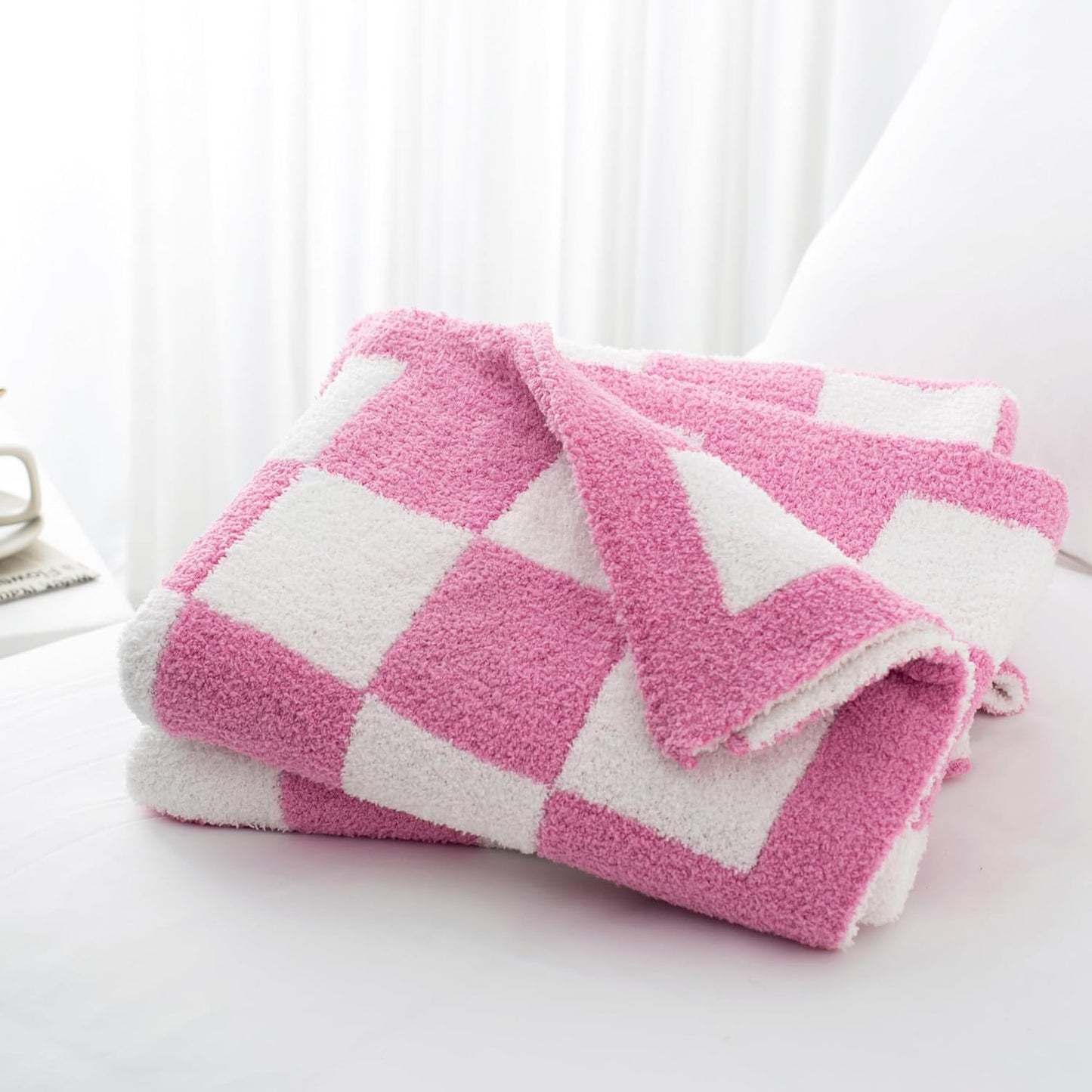 Carriediosa Checkered Throw Blanket 50" X 60", 400GSM Ultra Soft Microfiber Fuzzy Fluffy Reversible Cute Preppy Knitted Blankets Cozy Plush Fall Throws for Couch, Bed, Sofa, Hot Pink
