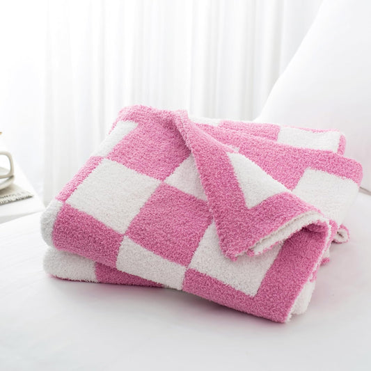 Carriediosa Checkered Throw Blanket 50" X 60", 400GSM Ultra Soft Microfiber Fuzzy Fluffy Reversible Cute Preppy Knitted Blankets Cozy Plush Fall Throws for Couch, Bed, Sofa, Hot Pink