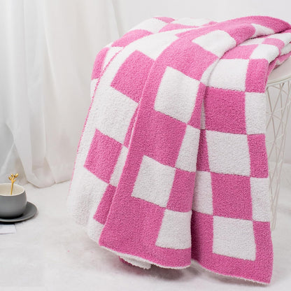 Carriediosa Checkered Throw Blanket 50" X 60", 400GSM Ultra Soft Microfiber Fuzzy Fluffy Reversible Cute Preppy Knitted Blankets Cozy Plush Fall Throws for Couch, Bed, Sofa, Hot Pink