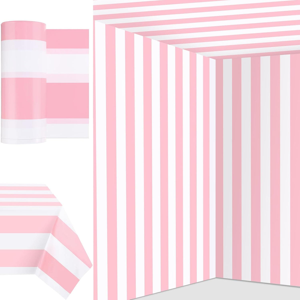 Striped Tablecloth Roll 100 Ft Plastic Carnival,Pink and White