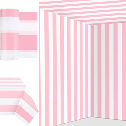 Striped Tablecloth Roll 100 Ft Plastic Carnival,Pink and White