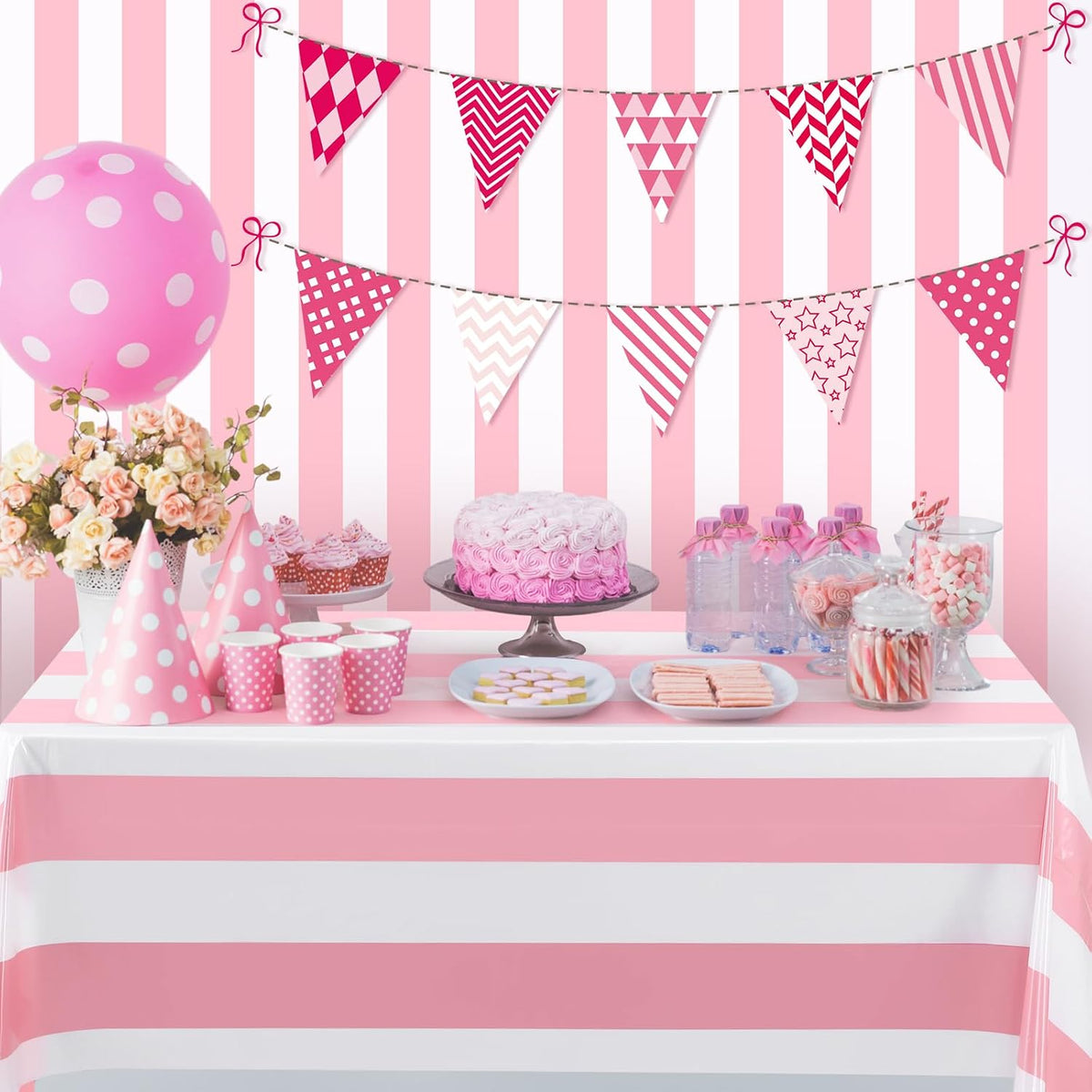 Striped Tablecloth Roll 100 Ft Plastic Carnival,Pink and White