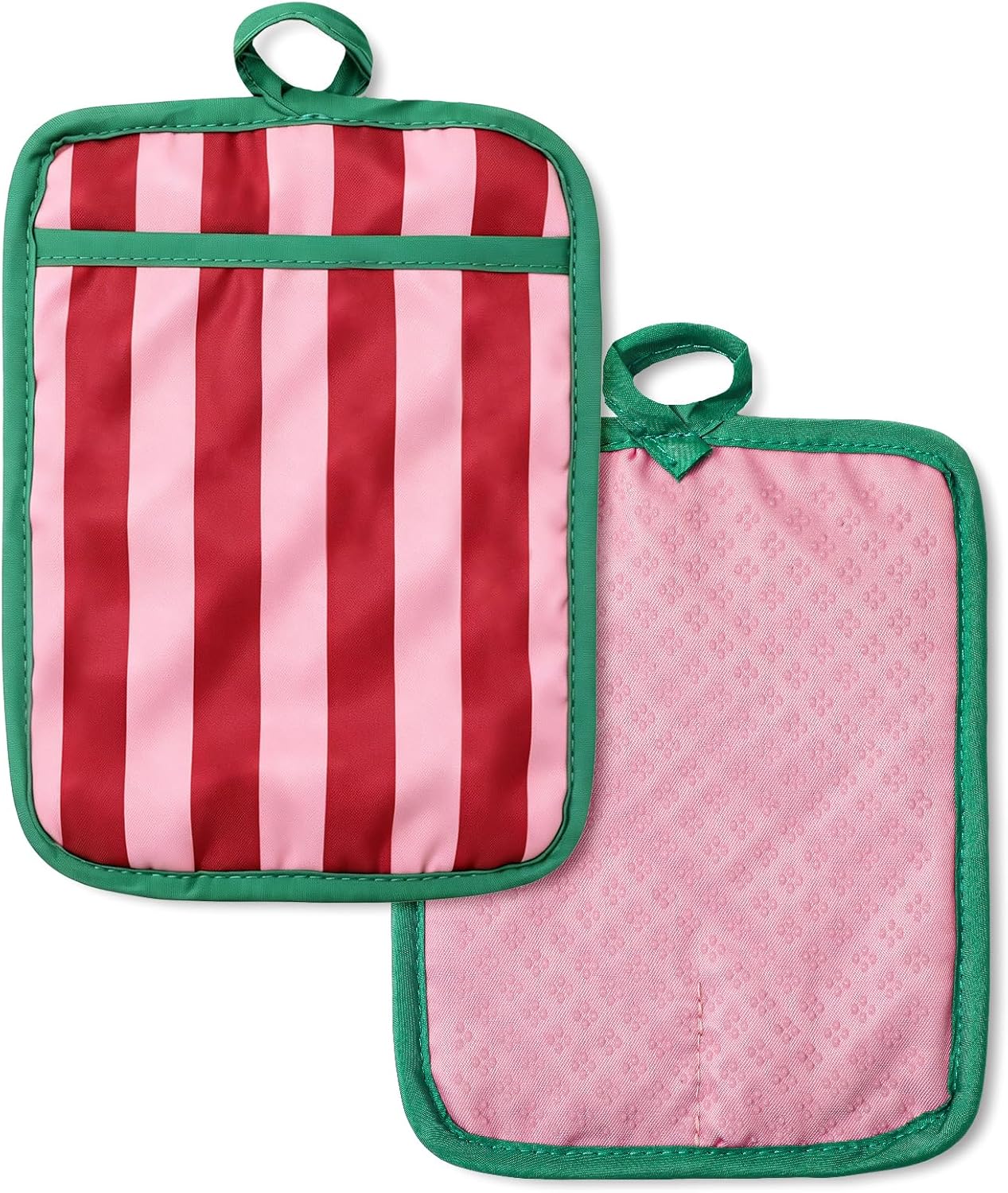 2Pcs Green Pink Stripe Pot Holders Heat Resistant Cute Cotton Hot Pad Non-Slip Potholder Oven Mitt Trivet Mat for Kitchen Cooking Baking Supplies